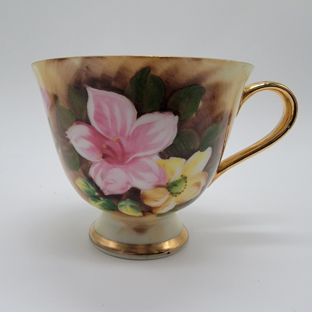 Vtg Enesco Floral Pedestal Cup & Saucer Set Gold Trim Accents Hand Painted E1432 - Picture 5 of 13